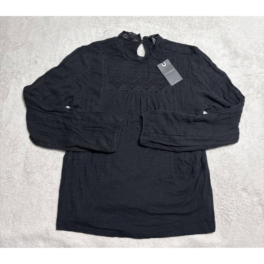 NEW Lucky Brand Black Bohemian Blouse Top Women's Small Short Sleeve Lace Detail
